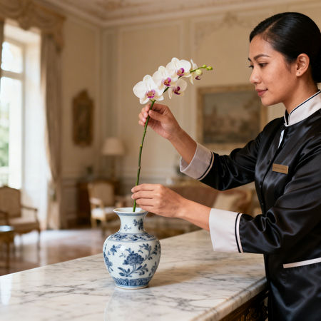 Migliore agenzia colf Cesena - mani di domestica asiatica che cura fiori in villa luxury Cesena