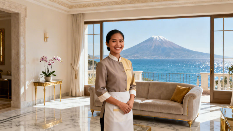 Migliore agenzia domestici Taormina - domestico filippino in uniforme elegante davanti al mare e all'Etna