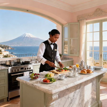 Migliore agenzia domestici Taormina - staff asiatico che prepara colazione gourmet in villa