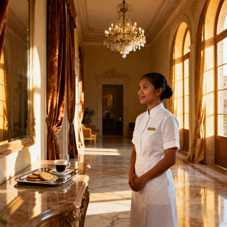 Agenzia colf filippine Ascoli Piceno: lavoratrice domestica asiatica in villa di lusso con interni eleganti