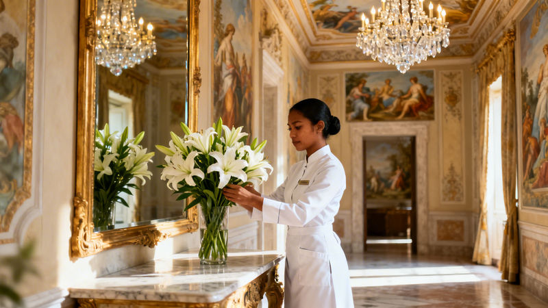 Agenzia colf filippine Bologna - asiatica in uniforme bianca che dispone fiori in villa lussuosa