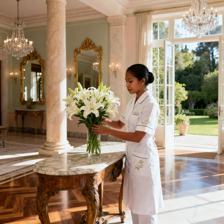 Agenzia colf filippine Bologna - domestica asiatica in uniforme bianca che dispone fiori in villa di lusso