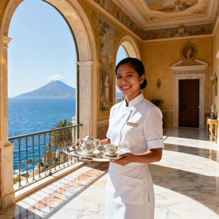 Agenzia colf filippine Taormina - domestica filippina in villa di lusso Taormina, uniforme elegante, servizio tè