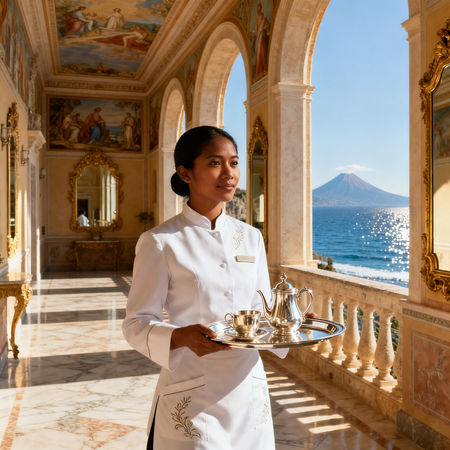 Agenzia colf filippine Taormina - domestica asiatica in villa luxury Taormina, uniforme elegante e servizio tè in marmo
