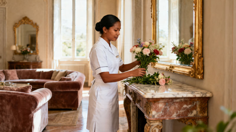 Agenzia colf filippine Verona - domestica asiatica in uniforme bianca che sistemare fiori in una villa di lusso italiana