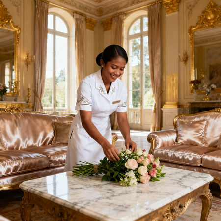Agenzia colf filippine Verona - domestica asiatica in villa di lusso, uniforme impeccabile e sorriso accogliente