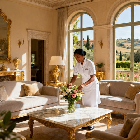Agenzia colf filippine Verona - domestica asiatica in villa di lusso, uniforme impeccabile, ambiente elegante e luminoso