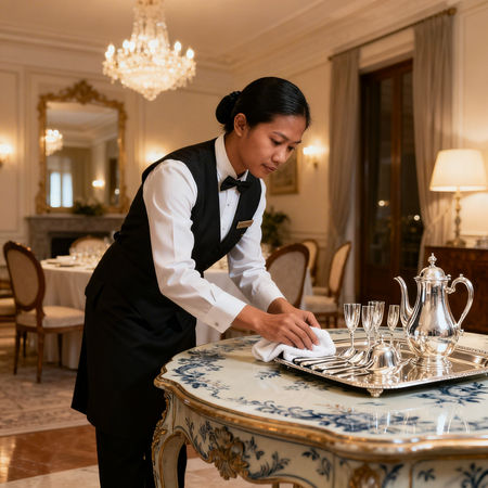 Agenzia domestici Milano - Cameriera cingalese sistema porcellana antica in casa europea elegante