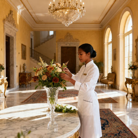 Agenzia per personale domestico Brianza - lavoratrice domestica asiatica in villa di lusso Brianza, uniforme bianca e accoglienza elegante