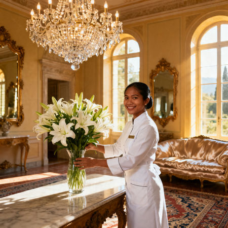 Agenzia per personale domestico Brianza - Lavoratrice asiatica in uniforme bianca che dispone fiori in villa di lusso.