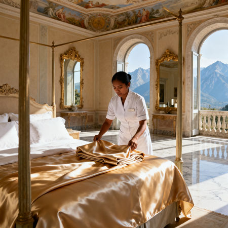 Agenzia per personale domestico Carrara - Asian worker arranging luxury linens in elegant Italian villa suite