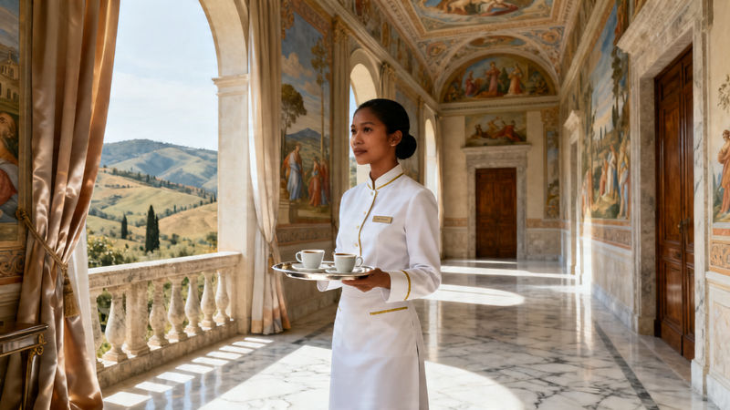 Agenzia per personale domestico Teramo - lavoratrice domestica asiatica in uniforme bianca in villa italiana di lusso