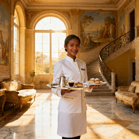 Agenzia per personale domestico Teramo - lavoratrice domestica asiatica (filippina o cingalese) in uniforme bianca elegante dentro villa italiana di lusso con marmo e luce naturale.