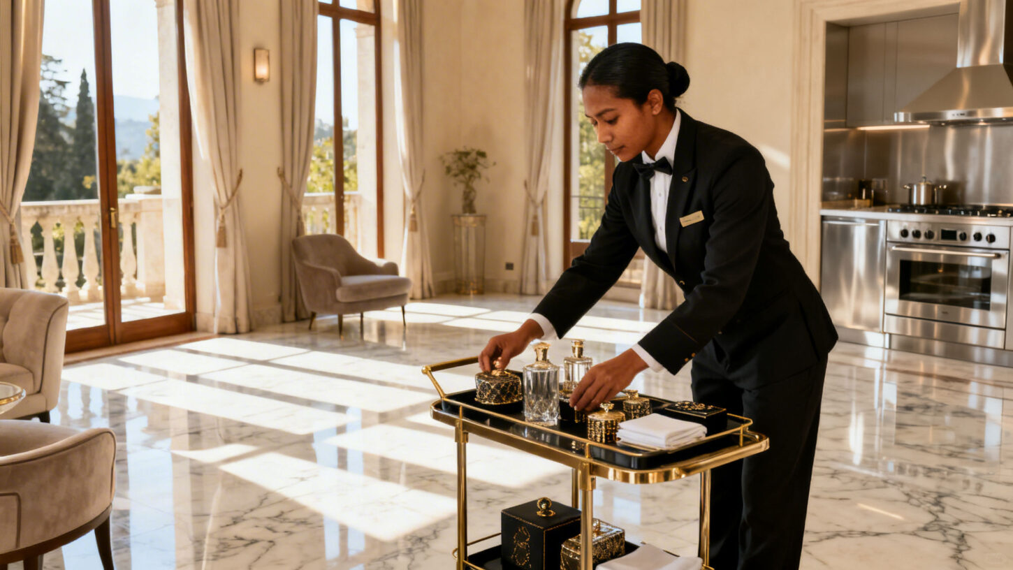 Colf Vedano al Lambro - domestica filippina professionale in abito elegante che lavora in un ambiente residenziale luxury con finiture pregiate a Vedano al Lambro