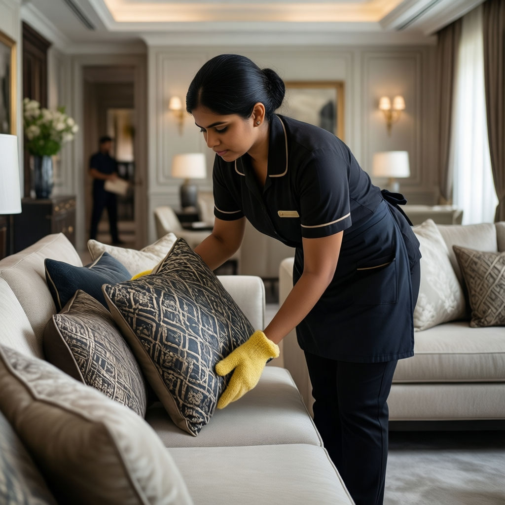 Colf Vezzi Portio: Asian housekeeper arranging luxury apartment interior with designer furniture and elegant decor