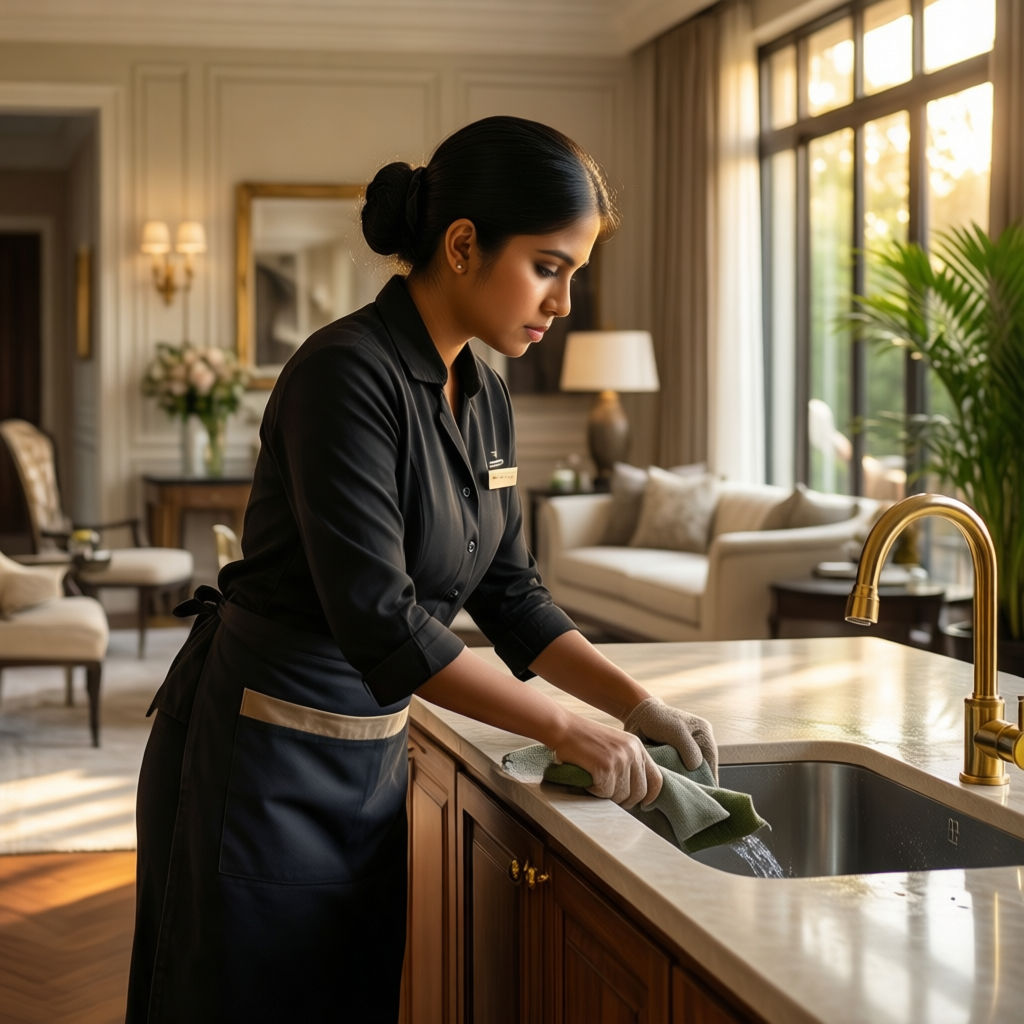Colf Vezzi Portio: Asian domestic worker providing luxury home care in elegant European interior setting