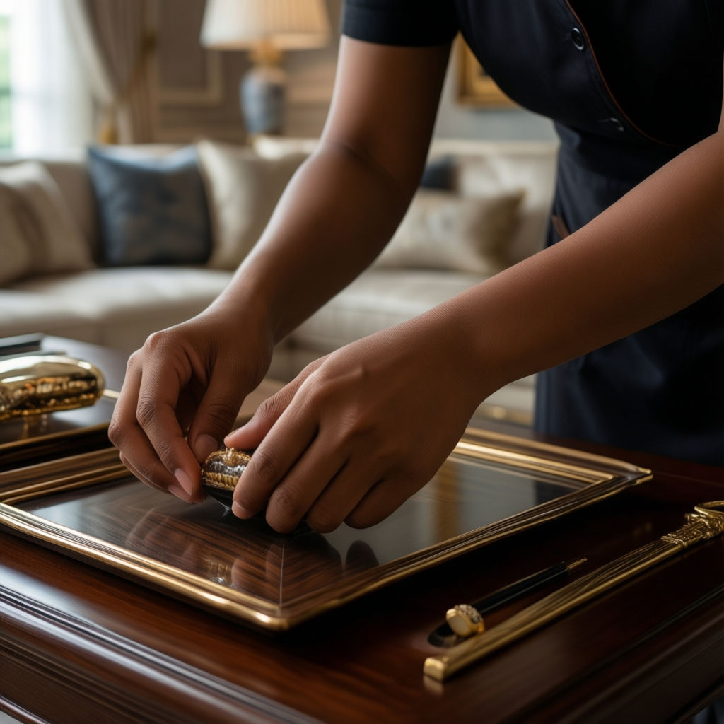 Colf Vezzi Portio: Detailed shot of Asian domestic worker hands arranging luxury home accessories with precision