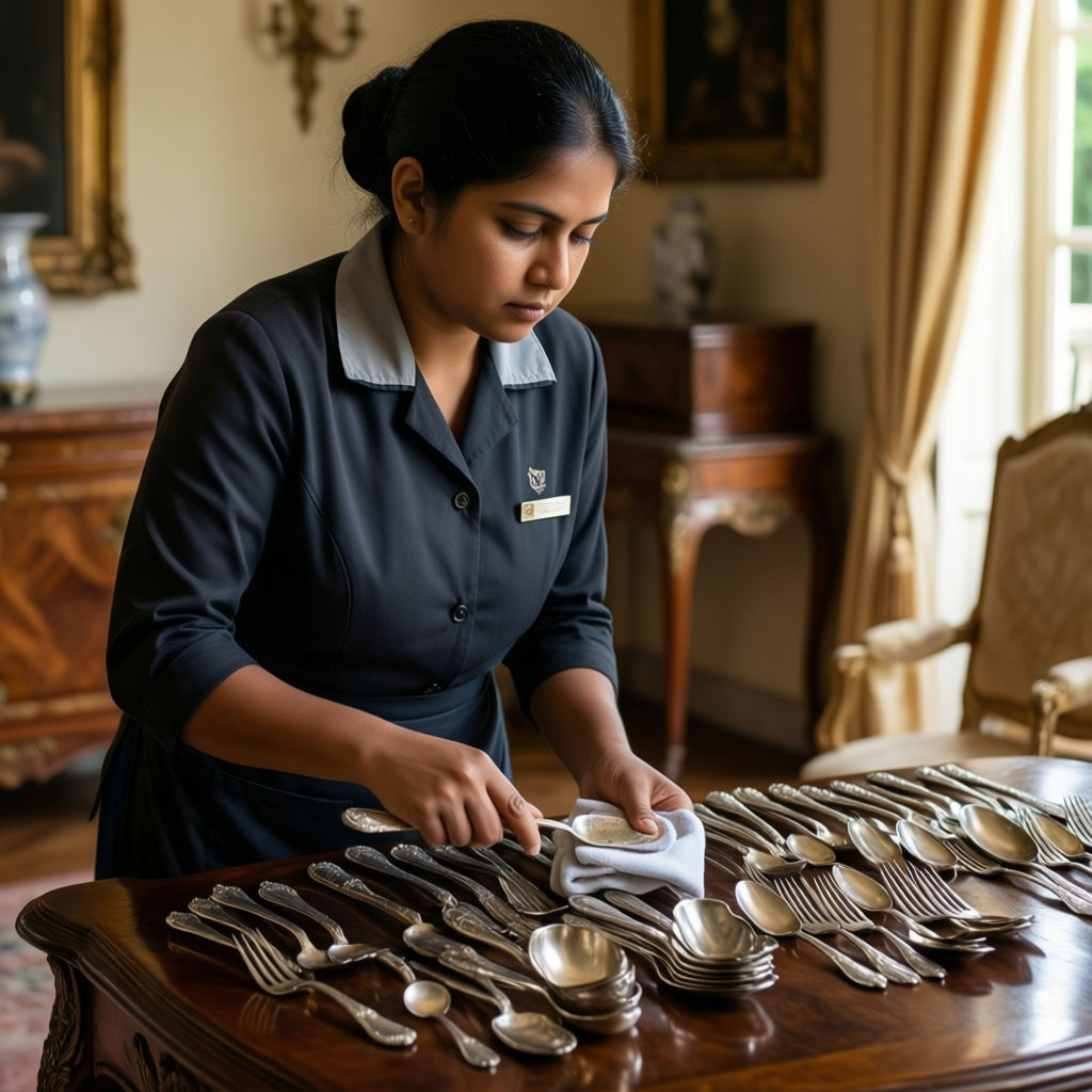 Colf Vigevano: domestica asiatica lucida argenteria antica in villa di lusso