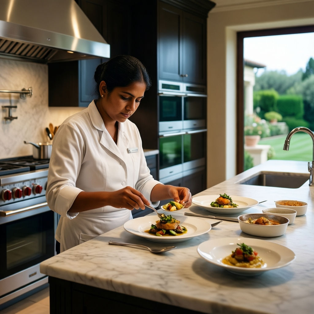 Colf Voghera: Asian housekeeper preparing gourmet meal in luxury Italian villa kitchen with marble island and stainless steel appliances.