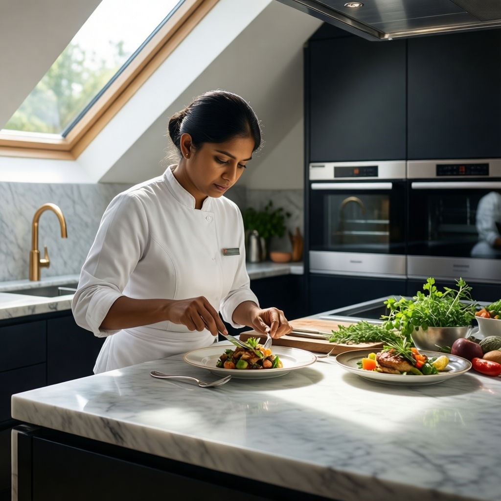 Colf Volpiano in cucina professionale di lusso, prepara pasti gourmet con attenzione ai dettagli