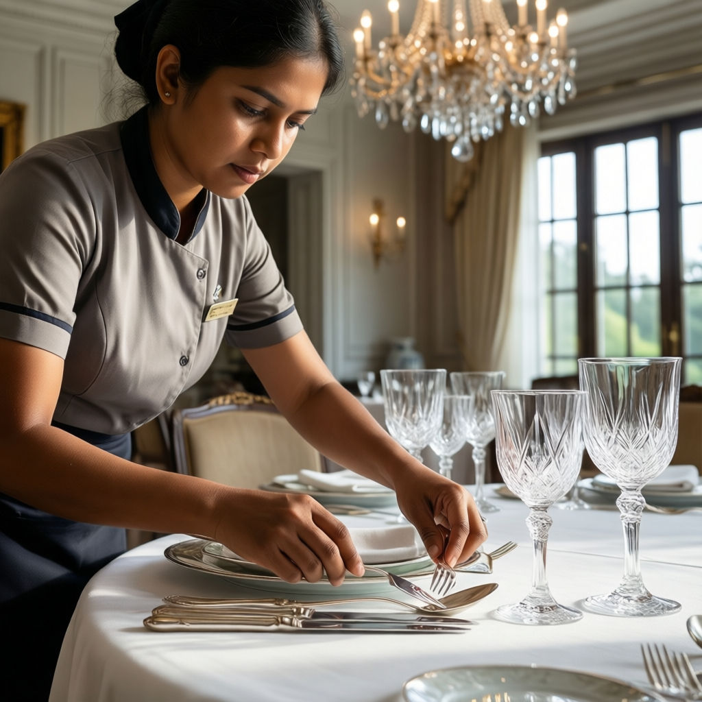 Colf Volpiano prepara mise en place elegante per cena di lusso con attenzione ai dettagli