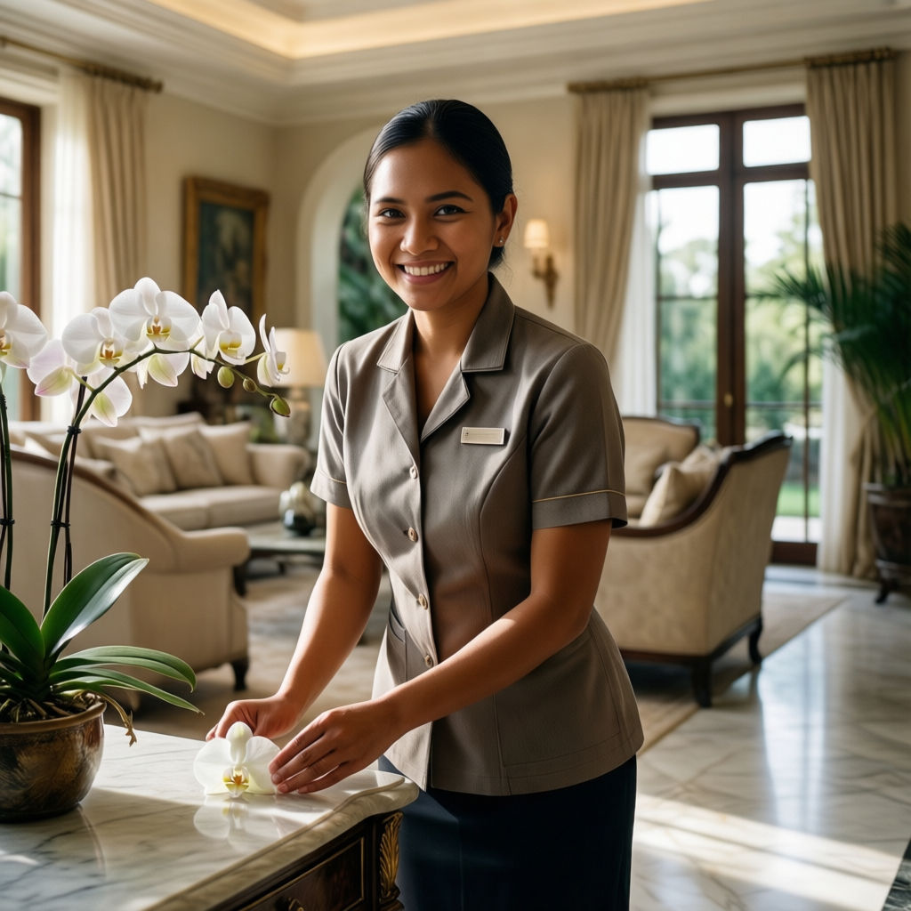 Colf Zola Predosa - filippina professionale in villa di lusso, uniforme ordinata, ambiente luminoso