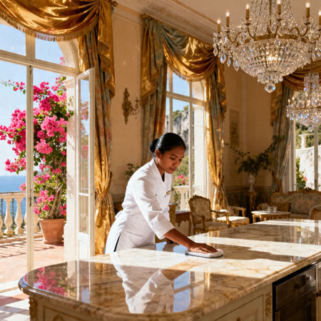Migliore agenzia colf Capri - lavoratrice domestica asiatica in villa di lusso a Capri, uniforme bianca e servizio impeccabile.