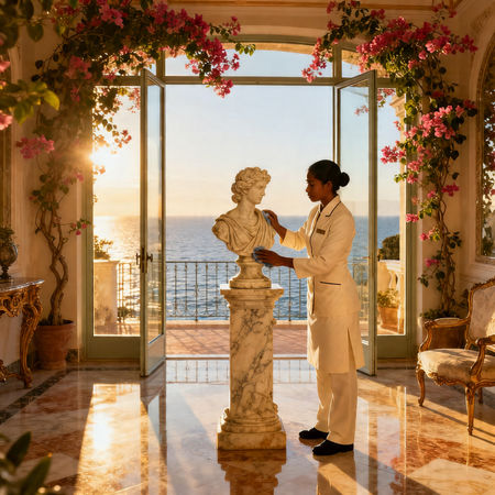 Migliore agenzia colf Capri - lavoratrice asiatica in uniforme bianca che pulisce una villa di lusso a Capri