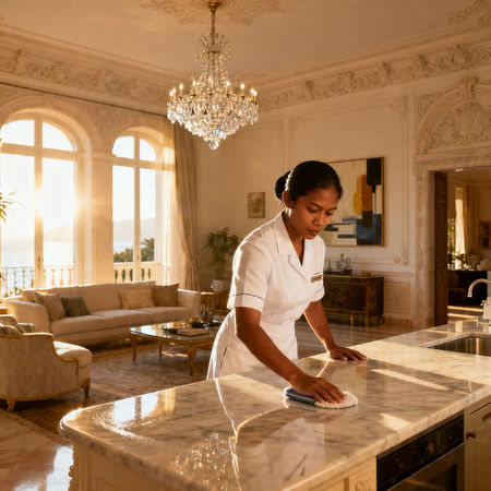Migliore agenzia colf Capri - lavoratrice domestica asiatica in uniforme bianca che pulisce villa di lusso a Capri.