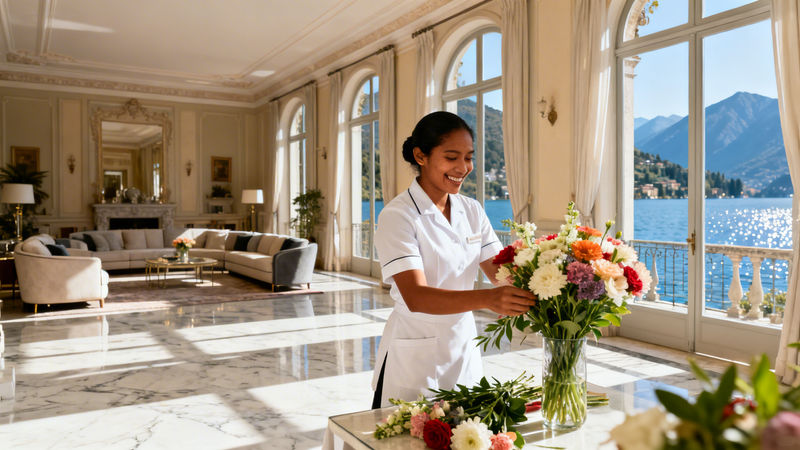 Migliore agenzia colf Como - domestica asiatica sorridente in villa lussuosa sul Lago di Como