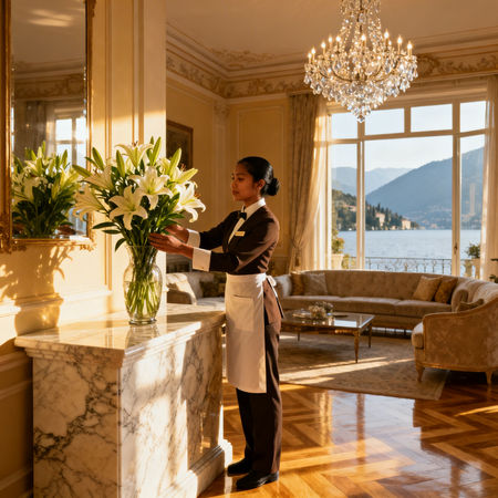 Migliore agenzia colf Como - domestico asiatico (filippino o cingalese) che cura fiori in villa di lusso sul Lago di Como