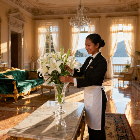 Migliore agenzia colf Como: domestica asiatica sorridente in villa lussuosa sul Lago di Como