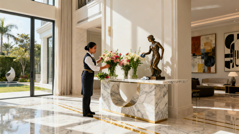 Migliore agenzia colf Parma - filippina professionista che cura interni di villa di lusso con eleganza e discrezione