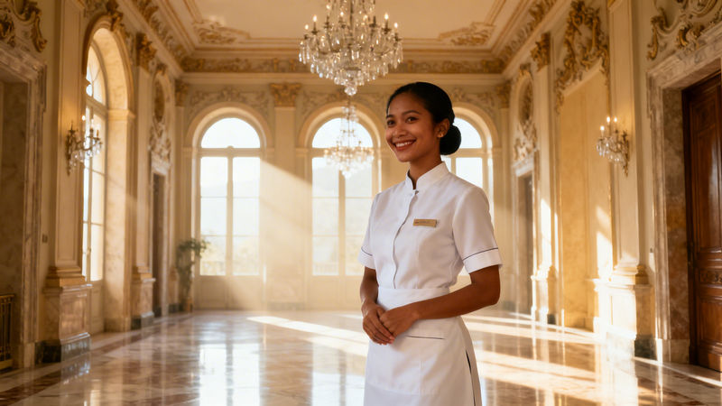 Migliore agenzia colf Trentino - domestica asiatica professionale in villa di lusso con marmo e luce naturale