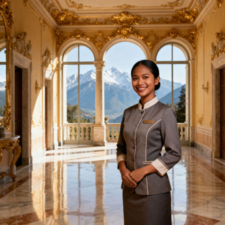 Migliore agenzia colf Trentino - lavoratrice domestica asiatica in villa di lusso con marmo e luce naturale