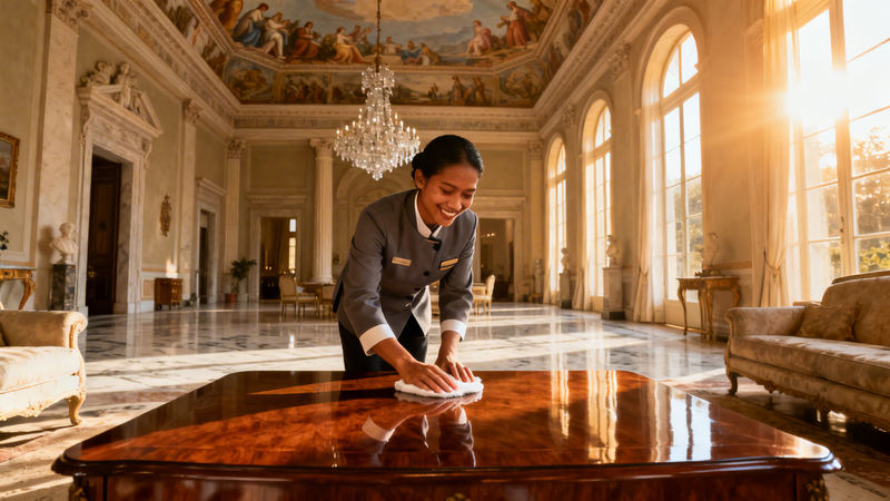 Migliore agenzia colf Trento - domestica asiatica in uniforme che cura una villa di lusso a Trento