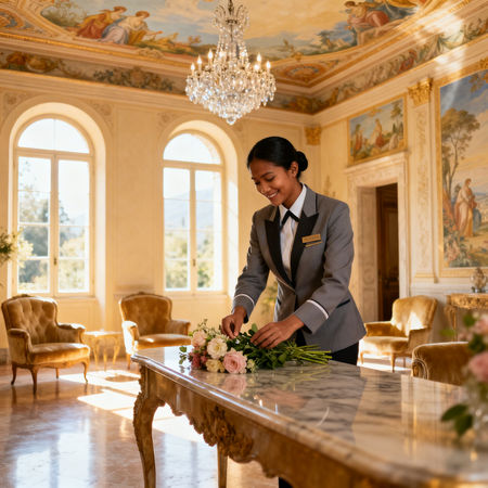 Migliore agenzia colf Trento - domestica asiatica in uniforme elegante che lavora in una villa di lusso a Trento