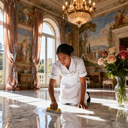 Migliore agenzia colf Verona - lavoratrice asiatica in uniforme bianca che pulisce una villa di lusso a Verona.