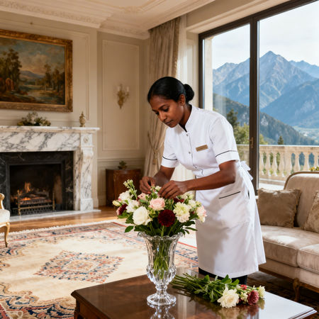 Migliore agenzia domestici Belluno - housekeeper Sri Lanka che dispone fiori in villa elegante