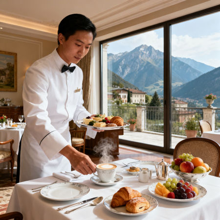 Migliore agenzia domestici Belluno - staff domestico asiatico che prepara colazione gourmet