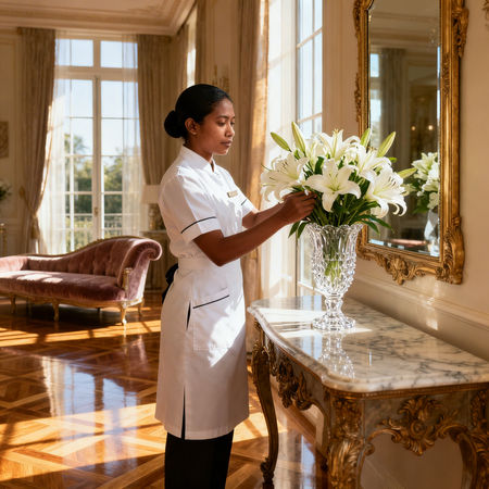 Migliore agenzia domestici Cesena - domestica asiatica in villa di lusso, uniforme bianca, fiori freschi, ambiente elegante