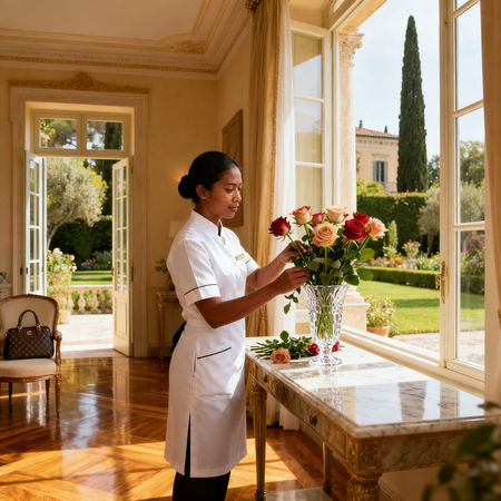 Migliore agenzia domestici Cesena - lavoratrice domestica asiatica in villa di lusso, servizio esclusivo e professionale per famiglie esigenti.