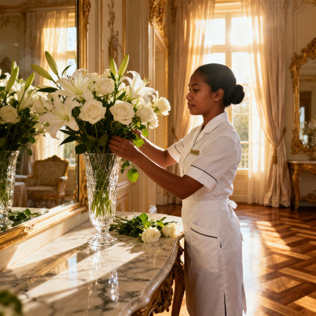 Migliore agenzia domestici Cesena - Lavoratrice asiatica in uniforme bianca che dispone fiori in villa italiana di lusso