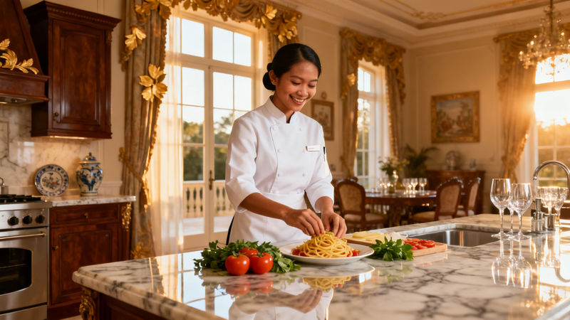 Migliore agenzia domestici Chieti - lavoratrice domestica asiatica in villa di lusso a Chieti, uniforme bianca, cucina gourmet