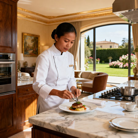 Migliore agenzia domestici Chieti: domestica asiatica in uniforme bianca, villa lusso Italia