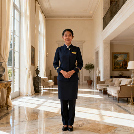 Migliore agenzia domestici Forlì - lavoratrice asiatica in villa di lusso, uniforme elegante e ambiente raffinato.