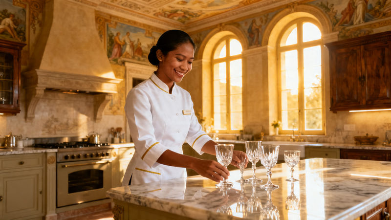 Migliore agenzia domestici Garda - lavoratore domestico asiatico filippino o cingalese in uniforme bianca, villa di lusso