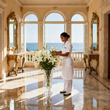 Migliore agenzia domestici Pesaro - lavoratrice domestica asiatica in villa di lusso con uniforme impeccabile e fiori freschi
