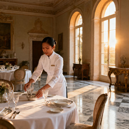 Migliore agenzia domestici Ravenna - domestico filippino in uniforme bianca che prepara tavola elegante in villa di lusso