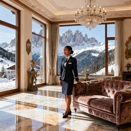 Agenzia colf filippine Cortina d’Ampezzo: lavoratrice domestica asiatica in uniforme elegante dentro villa di lusso con vista Dolomiti